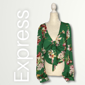 Express • Silky Green Floral Crop Top, Front Tie Medium